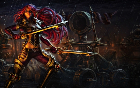 Katarina - woman, redhead, girl, night, dark, league of legends, sword, pirate, katarina