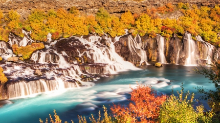 Autumn at Hraunfossar Waterfall - fall, trees, cliff, river, leaves, colors