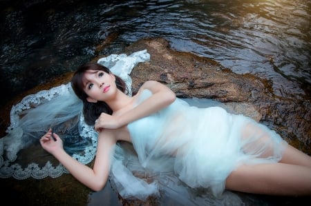 * Left alone * - bride, stone, lonely, water, beautiful, girl, alone, beauty, river, sad