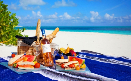 picnic on the beach - summer, coast, beach, food, island, picnic, sand, isle, shore, SkyPhoenixX1, holiday, paradise, tropic, sky, sun, clouds, drinks, vacation, sea, sunshine, ocean, sandwich, champagne, tropical