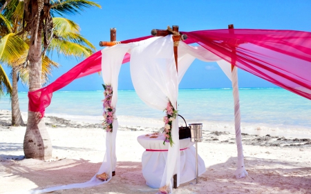 wedding place in paradise - summer, coast, beach, island, sand, isle, shore, SkyPhoenixX1, holiday, paradise, place, tropic, sky, sun, clouds, palms, water, vacation, wedding, sea, sunshine, ocean, nature, tropical