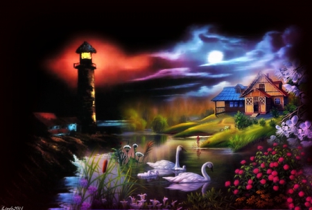 Peaceful Hideaway - serene, flowers, Lighthouse, Swans