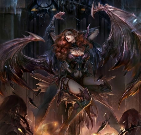 Lengend of the Cryptids - female, boots, long hair, armor, succubus, red hair, red, art, abstract, beautiful, darkness, black, fantasy, lady, woman, wings, demon