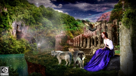 Girl and Wolf - girl, fantasy, abstract, woif