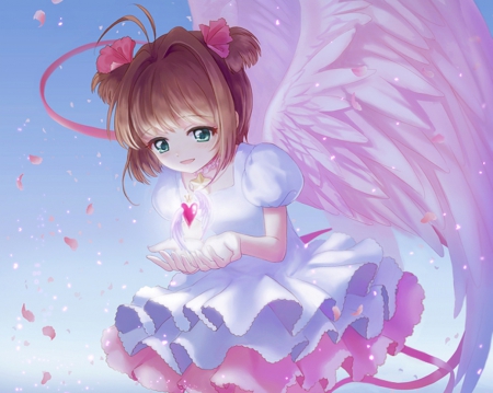 Angel Heart - heart, female, wing, angel, pink, happy, gown, card captor, ccs, love, petals, white, wings, sakura kinomoto, cute, anime, kawaii, dress, cardcaptor, card captor sakura, ite, smiling, kinomoto sakura, agic, kinomoto, anime girl, sakura, girl, fantasy, smile, magical girl, cardcaptor sakura, adorable