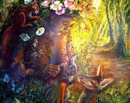 ★Patroness of Trees★ - pretty, attractions in dreams, rabbits, creative pre-made, butterflies, flowers, forests, butterfly designs, enchanted, dryad, trees, beautiful, paintings, weird things people wear, squirrels, colors, lovely, nymph, fantasy, deer, love four seasons, animals