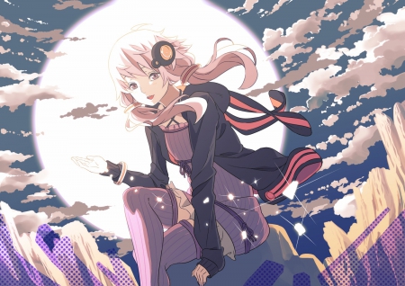 Fragments of the Moon - yuzuki yukari, beautiful, vocaloids, anime girl, girl, pink hair, cloud, pretty, beauty, sweet, vocaloid, anime, night, sky, yukari, long hair, nice, clouds, lovely, moon, female