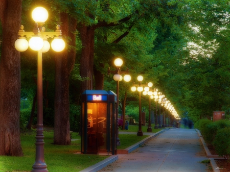 park alley in the evening - park, lamp, booth, path