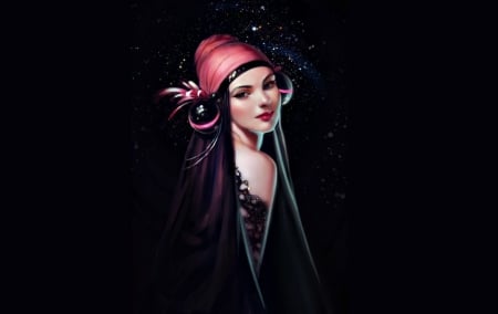 My Universe - digital, pink, black, my universe, girl, art, fantasy, hat, selenada, woman