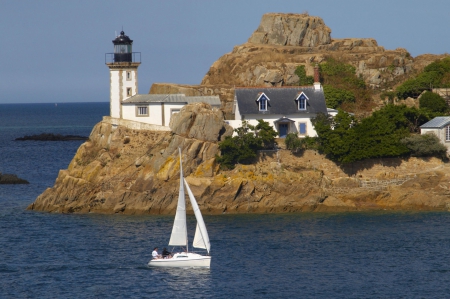 lighthouse view - lighthouse, house, ocean, yaght