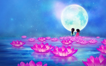 A moment of serenity - moon, lotus, anime, water, blue, girl, flower, pink, manga, serenity, lake, couple, art