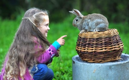 Teaching time - rabbit, teaching, girl, pink, bunny, child, grey, animal, green, cute