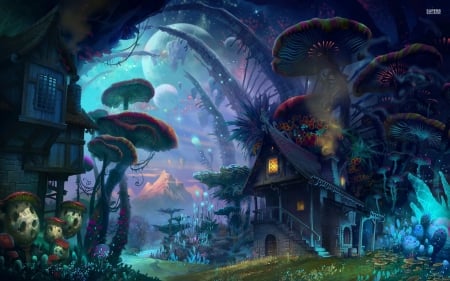 big mushrooms - house, mushroom, plant, grass