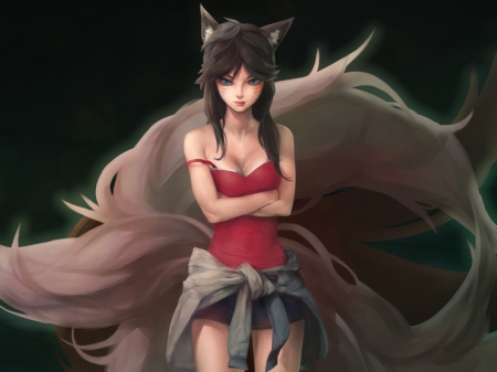 Ahri - pretty, anime, kitsune, female, league of legends, ears, lol, long hair, hd, nice, video game, tails, mmorpg, anime girl, game, realistic, beautiful, hot, girl, beauty, lovely, sweet, ahri, cg, black hair, sexy