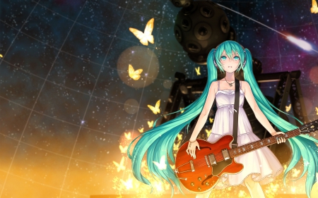 Gold Butterfly - pretty, magic, miku hatsune, twin tail, female, light, guitar, nice, beauty, gold, blouse, butterfly, vocaloid, anime, twintail, butterflies, dress, hatsune miku, green hair, long hair, golden, twin tails, anime girl, twintails, beautiful, girl, sundress, lovely, sweet, glow, glowing, miku, hatsune, vocaloids