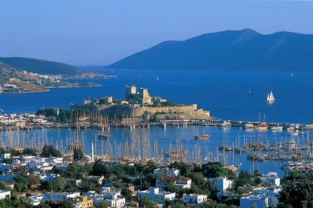 BODRUM - yachts, aegean sea, bodrum castle, mountains