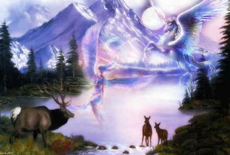 Livin' in a fantasy world - fantasy, deer, Pegasus, fairy, mountain