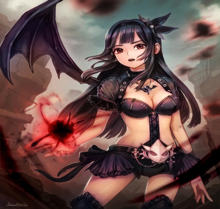 Dark Magic - woman, beauty, female, magic, wings, orginal, black hair, black, art, dark, anime, demon, lady, skirt, girl, long hair, ball, lovely, devil, red, beautiful, succubus, top