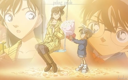 Picking Petals - Cute, Female, Flowers, Petals, Detective Conan, Conan Edogawa, Ran Mouri, Bouquet, Male