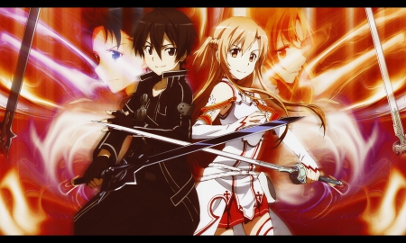 Blazing Spirit - lover, knight, anime girl, black hair, kirigaya kazuto, kazuto kirigaya, yuuki, long hair, kirito, beautiful, sweet, beater, nice, beauty, female, sao, blade, brown hair, pretty, yuuki asuna, anime, sword, short hair, sword art online, love, anime couple, couple, girl, asuna, kirigaya, lovely, abstract, asuna yuuki, kazuto