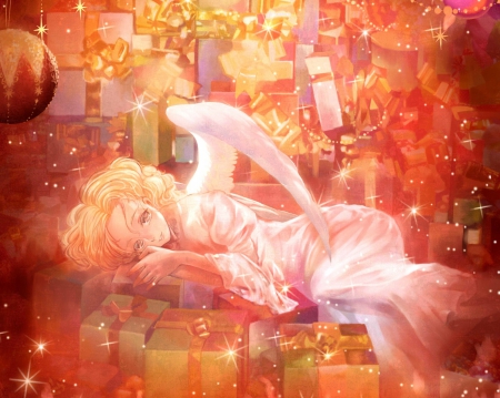 Angel - pretty, star, anime, magic, female, wing, maiden, dress, angel, long hair, gloom, box, sorrow, nice, anime girl, laying, beautiful, girl, present, beauty, glooming, lovely, sweet, lady, wings, gift, lay