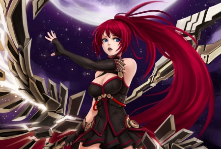 Steel Wings - pretty, anime, female, wing, steel, dress, long hair, gorgeous, red, nice, anime girl, realistic, beautiful, hot, lovley, girl, beauty, lovely, sweet, redhair, black, redhead, wings, sexy