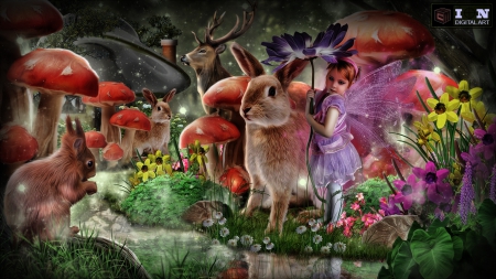 You are not Alone - mushrooms, girl, rabbit, fantasy