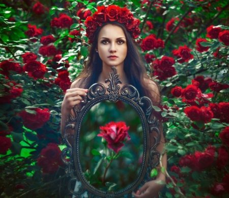 â™¥ - flowers, lady, roses, mirror