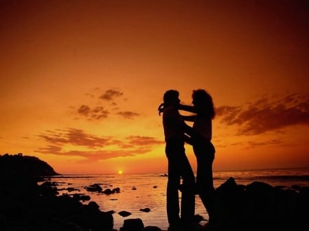 sunset love - rock, ocean, couple, sunset