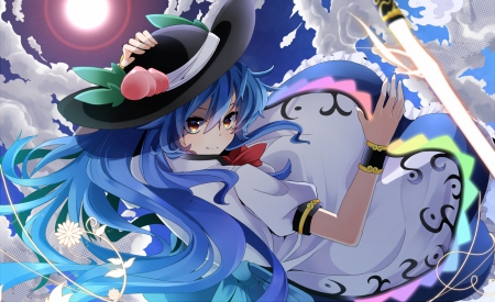 witch of the white sky - hat, moon, brown eyes, anime, blue sky, night, long hair, peach hat, stylish dress, blue hair, pretty girl, cute girl, dreamy scene, cutie