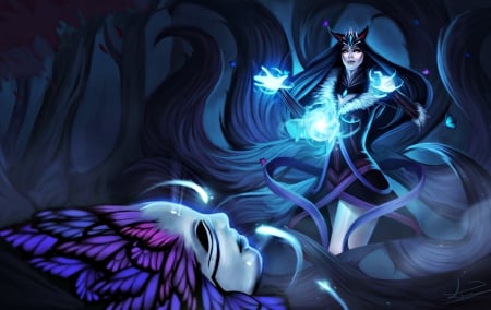 Ahri - woman, girl, mask, fantasy, purple, art, blue, league of legends, ahri