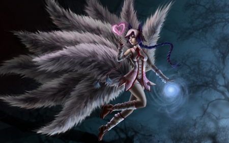 Ahri - nine, tails, game, heart, league of legends, fox, girl, pink, fantasy, Ahri, woman, art