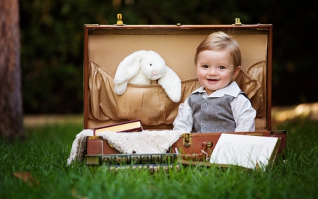 Ready for Wonderland - child, cute, grass, white, toy, rabbit, holiday, vacancy, suitcase, bunny, boy, green