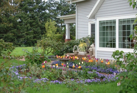 Country Home - trees, tulips, country, home, window, living, green, architecture, house, flowers, grass