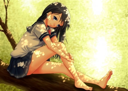 Sunshine Foliage - sitting, beauty, nice, female, miniskirt, anime girl, black hair, brown hair, pretty, anime, tree, cute, sit, skirt, girl, long hair, lovely, cg, shade, hd, kawaii, beautiful, sweet, shadow