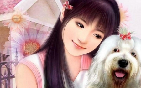 chinese girl with dog - beauty, smile, girl, dog