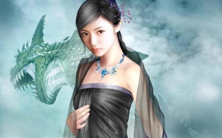 chinese girl - dragon, beauty, necklace, chinese girl