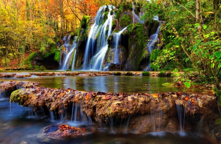 Autumn waterfall - autumn, cascades, lovely, waterfall, foliage, rocks, nature, fall, forest, beautiful, leaves, colors