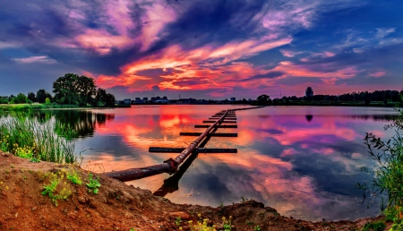 Sunset sky - lake, sky, trees, colorful, shore, sunset, mirrored, serenity, nature, pier, calmness, fiery, reflection, beautiful, river, colors