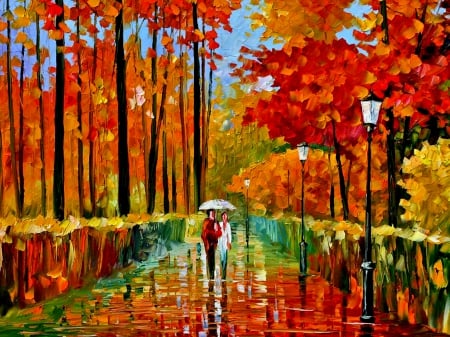 Rainy Walk - painting, autumn, red, rain, artistic