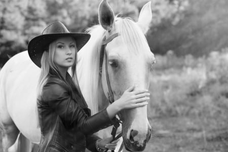 Cowgirl and Companion - horse, hat, cowgirl, black and white, blonde