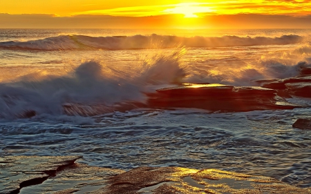 Splashing Waves on Beach at Sunset - splashing waves, oceans, nature, beaches, waves, sunsets