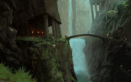 Fantasy Waterfall - bridge, fantasy, fantasy waterfall, waterfall