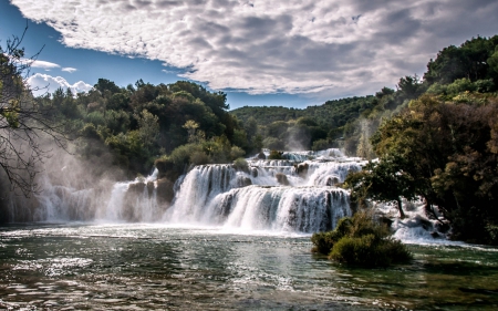 Krka National Park, Crotia - crotia, trees, clouds, waterfall, rocks