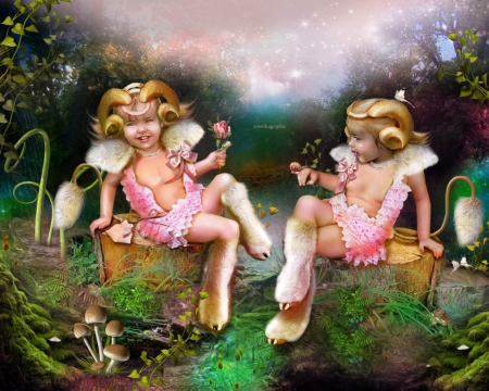 Lespetitsdiables - girls, mushrooms, photomanipulation, animals, fantasy, creative pre-made, little devils, digital art, playing, lovely, love four seasons, abstract, weird things people wear, beautiful, backgrounds, flowers, colors, butterfly designs