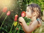 Little Girl and Tulips