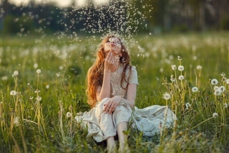 Beauty - dandelion, blowing, lady, wishes