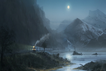 Night Train - train, night, water, mountains