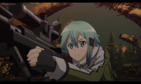 Sinon - pretty, anime, female, point, green hair, long hair, sword art online, hd, weapon, sao, nice, ggo, anime girl, gun gale online, beautiful, gun, girl, beauty, lovely, sinon, sweet, cg, sniper, sinister, pointing, green