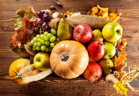 Autumn Fruits - apples, basket, pumpkin, pears, grapes